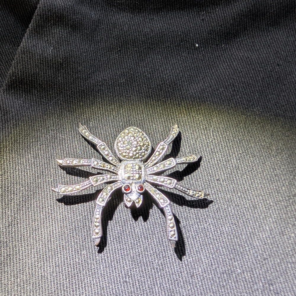 Silver Spider Brooch with Red Accents